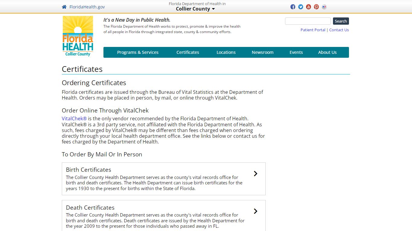 Certificates | Florida Department of Health in Collier